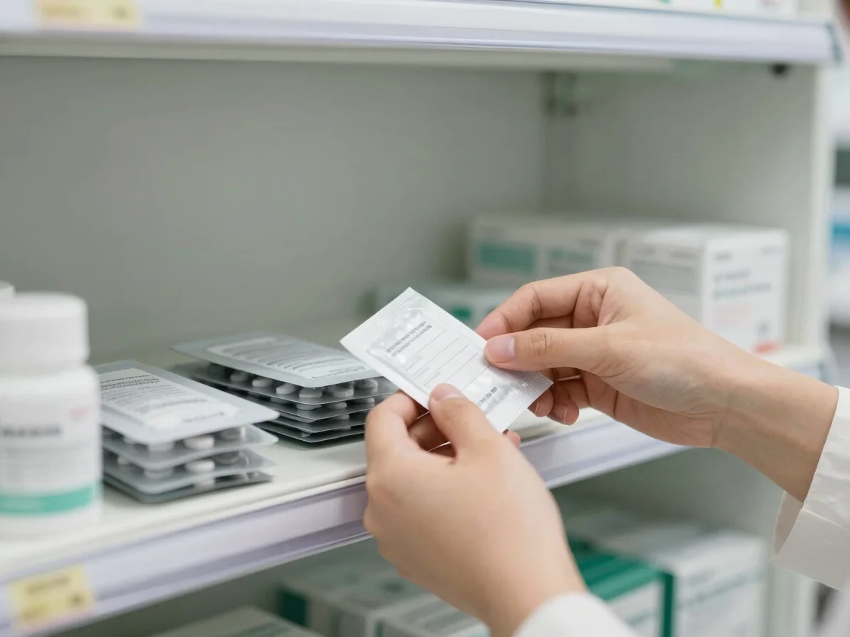 Close editorial detail of hands neatly organizing medicine packaging on a pharmacy shelf, labels turned away or unreadab