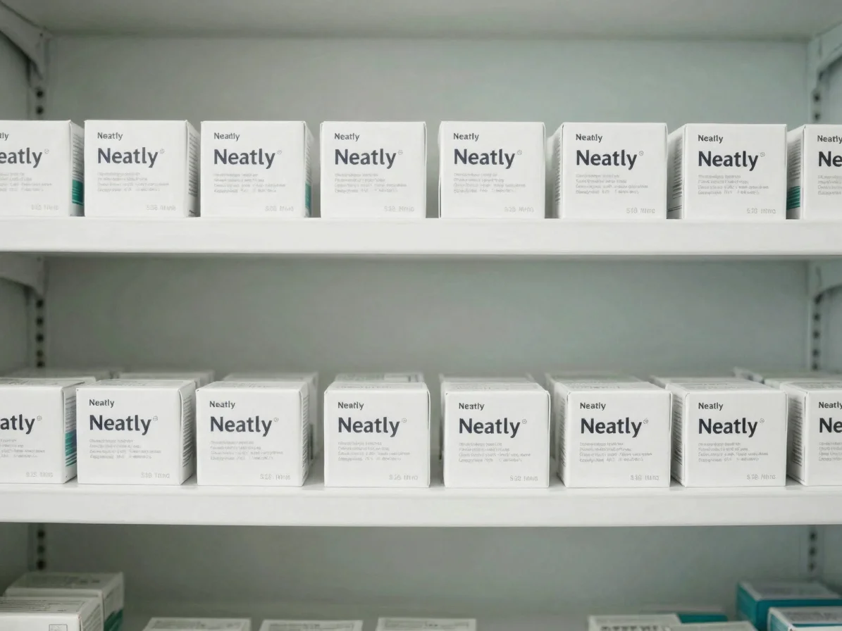 Neatly arranged medicine packaging on a pharmacy shelf, labels turned away, soft even daylight, uncluttered white and mu