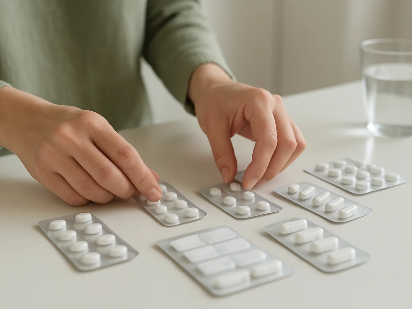 Close detail of hands organising small medicine packets on a clean counter, soft neutral daylight, calm editorial framin