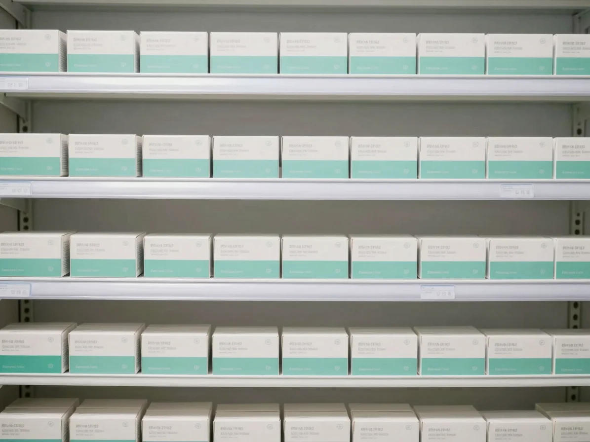 Orderly view of a pharmacy shelf with neatly spaced product boxes, soft daylight, crisp detail, calm white and muted gre
