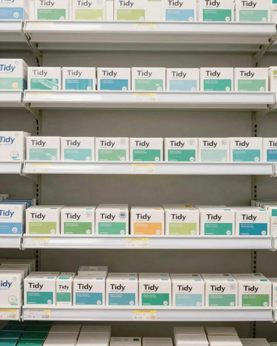 Tidy pharmacy shelves with neatly arranged medicine packaging, labels turned away, soft even daylight, calm white and mu