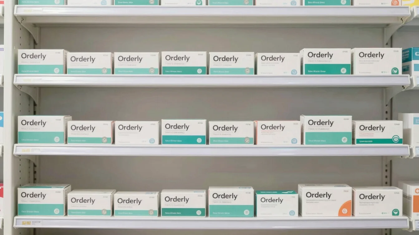 Orderly pharmacy shelf with neatly categorized medicine boxes, soft neutral daylight, uncluttered framing