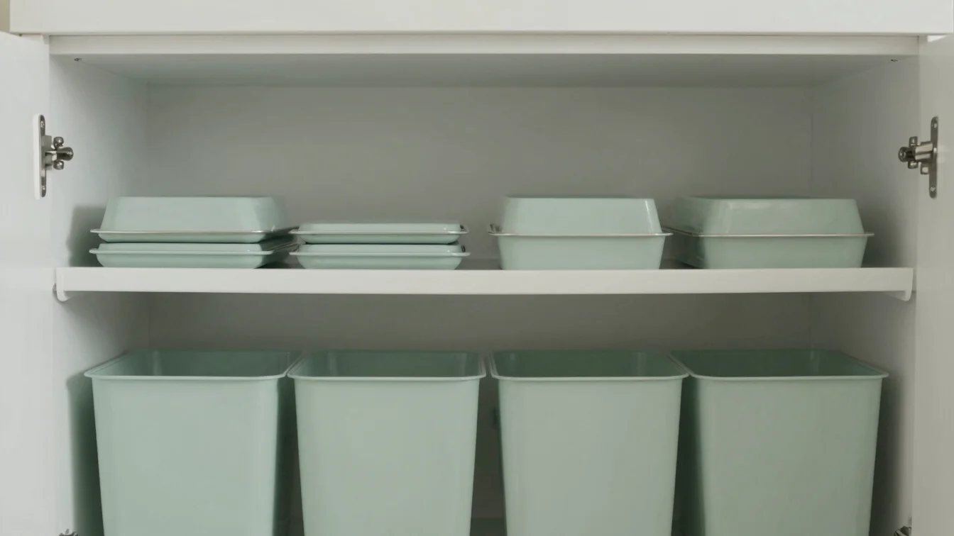 Clean storage cabinet interior with organized product packaging, soft even daylight, calm muted green tones