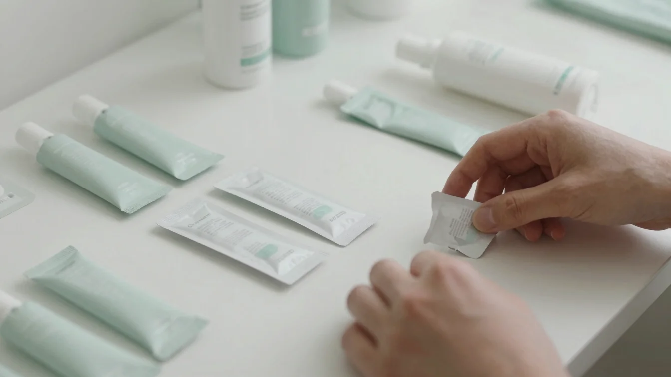 Close detail of hands organizing neatly arranged products on a white counter, soft daylight, crisp detail