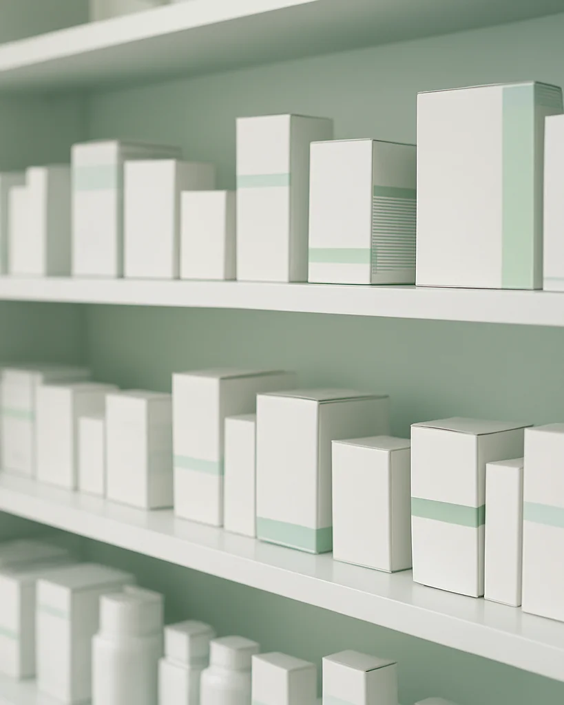 Clean editorial photograph of orderly pharmacy shelving with neat
